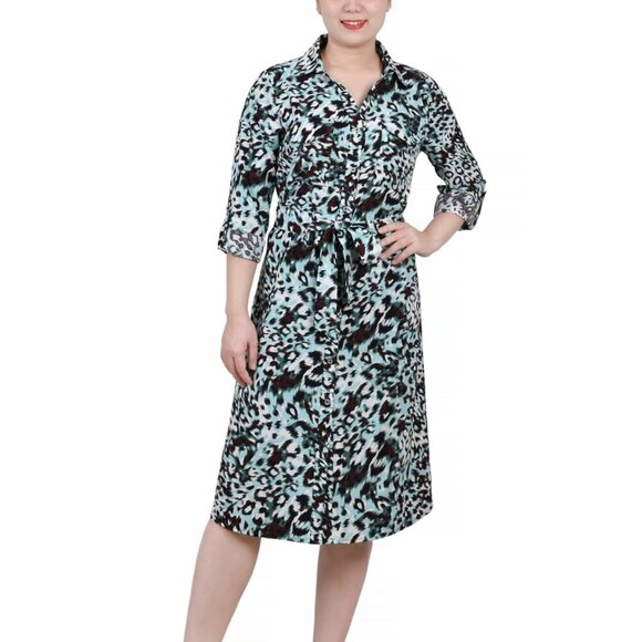 NY Collection Aqua Animal Printed Long Sleeve Roll Tab Shirtdress PL NWT - Picture 1 of 4